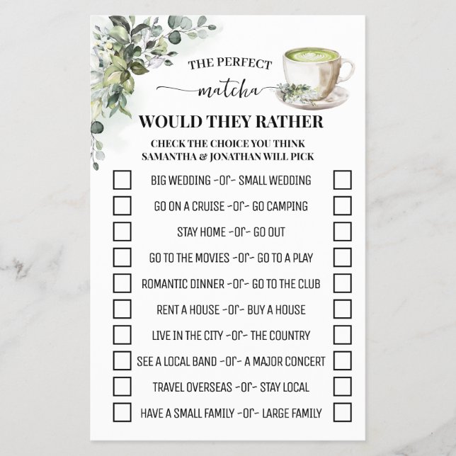 Greenery Matcha Would They Rather Shower Game Card Flyer (Front)