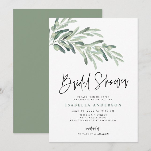 Greenery Mediterranean Olive Branch Bridal Shower Invitation (Front/Back)