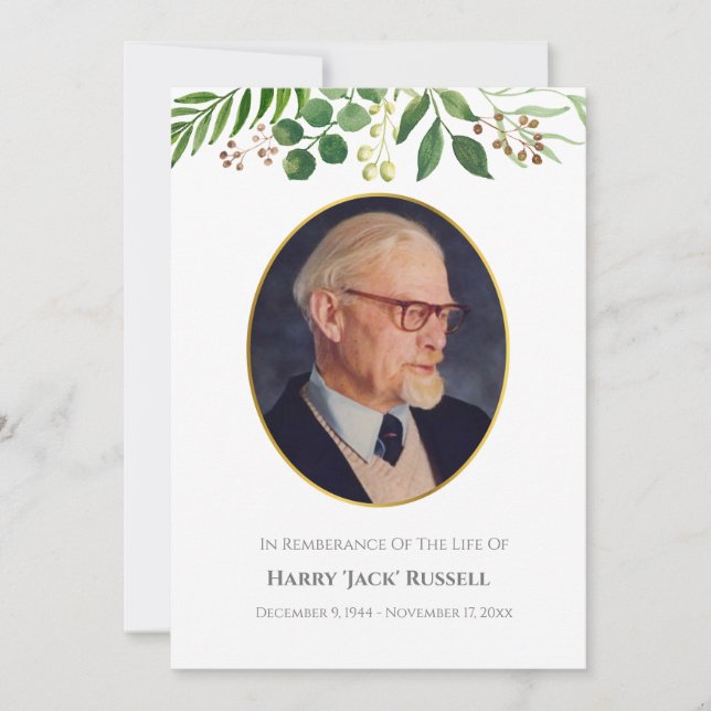 Greenery memorial photo card, yellow gold border (Front)