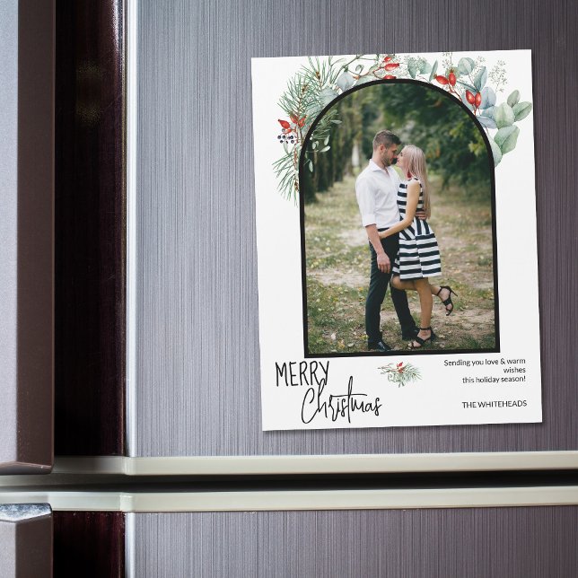 Greenery Merry Christmas Arch Photo White (You will love these beautiful Christmas cards! They feature botanical watercolor pine and berries.)
