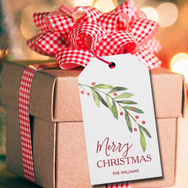 Greenery Merry Christmas Gift Tags (Greenery branch and berries Merry Christmas gift/favor tags personalized with your names)