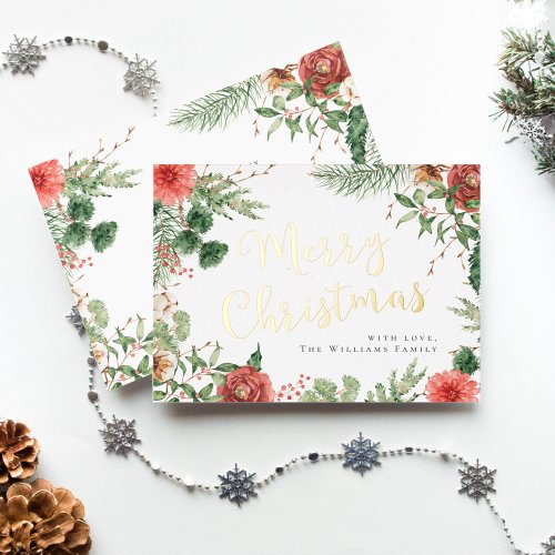 Greenery Merry Christmas Gold Foil Holiday Card