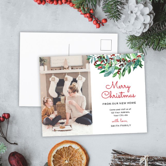 Greenery Merry Christmas Photo Announcement Postcard (Creator Uploaded)