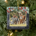 Greenery Merry Christmas Photo Chalkboard Ceramic Ornament<br><div class="desc">This rustic ornament is perfect for a family.</div>