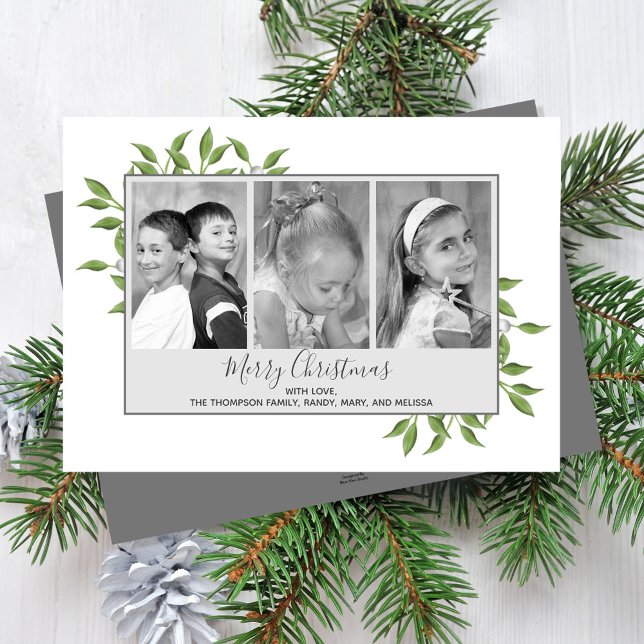 Greenery Merry Christmas Photo Collage Holiday Card (Merry Christmas holiday greenery multi photo card with a grey border. )