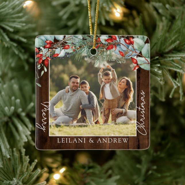  Greenery Merry Christmas Photo Dark Wood Ceramic Ornament (Tree)