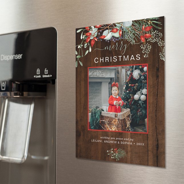 Greenery Merry Christmas Photo Dark Wood Holiday (You will love these beautiful Christmas cards! They feature botanical watercolor pine and berries.)