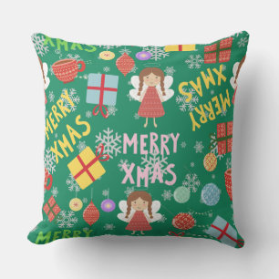 Greenery Merry Xmas text girly red yellow pattern  Throw Pillow