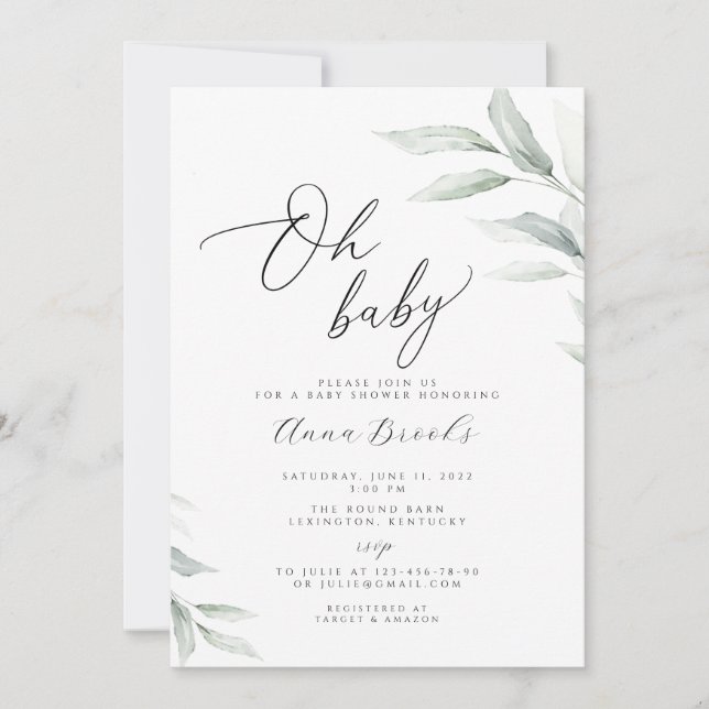 Greenery minimalist Oh Baby baby shower  Invitation (Front)