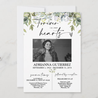 Greenery Minimalist Script Photo Funeral Memorial Invitation