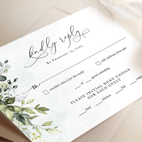 Greenery Minimalist Script Wedding RSVP Reply Card