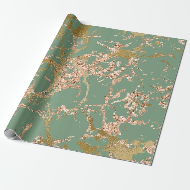 Greenery Mint Sage Rose Gold Marble Stroke Wrapping Paper (Unrolled)