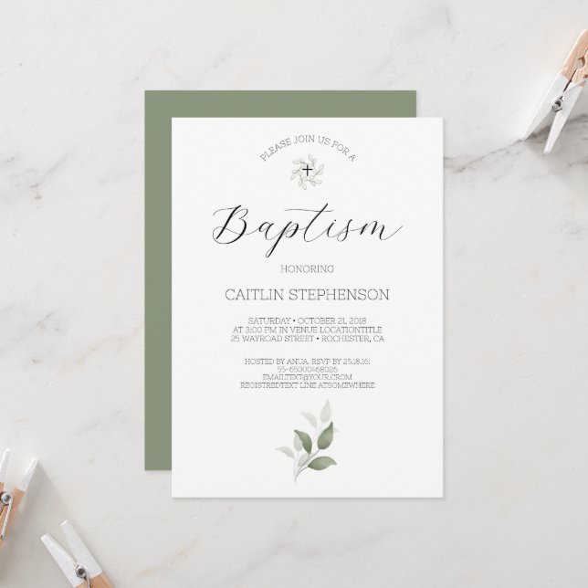  Greenery Modern Baptism Invitation (Front/Back In Situ)