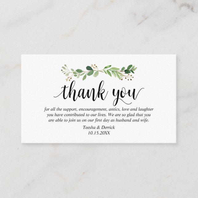 Greenery, Modern Black Script, Wedding Thank you Enclosure Card (Front)