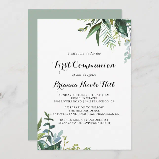 Greenery Modern Calligraphy First Communion Invitation | Zazzle