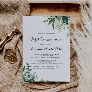 Greenery Modern Calligraphy First Communion Invitation