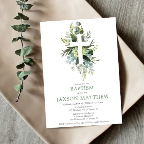 Greenery modern eucalyptus green foliage baptism invitation