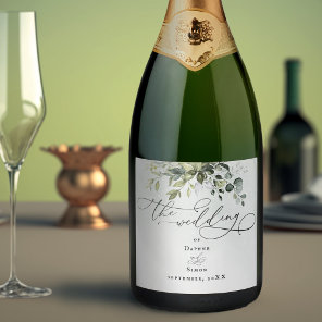 Greenery Modern Minimalist Script Wedding Sparkling Wine Label