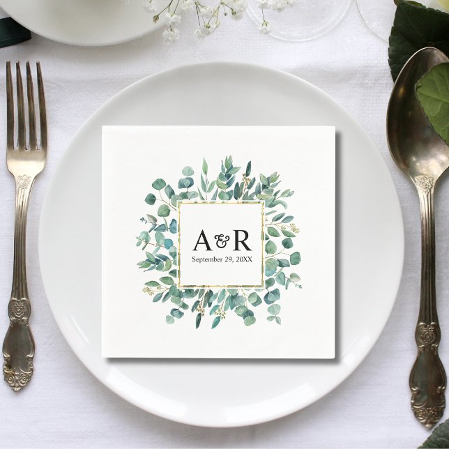 Greenery Modern Monogram Minimalist Wedding Napkins (Creator Uploaded)
