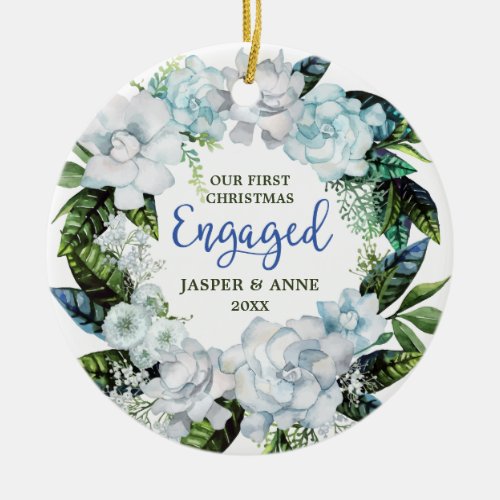 Greenery Modern Personalized Couple Engagement Ceramic Ornament