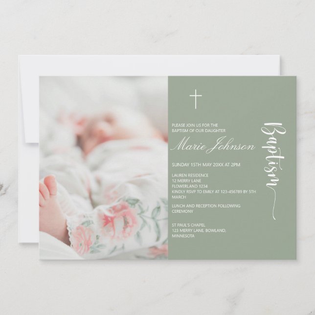 Greenery modern Photo Baptism invitation (Front)