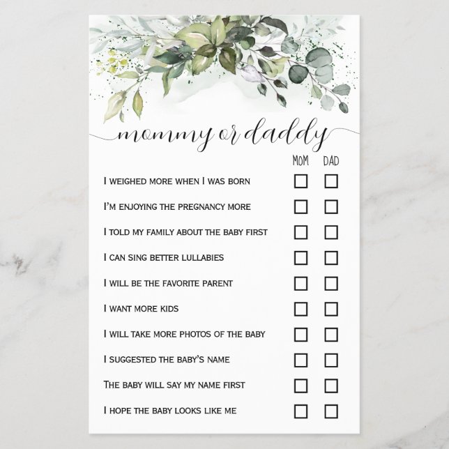 Greenery Mom or Dad Baby Shower Game Card Flyer (Front)