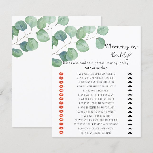 Greenery - mommy or daddy baby shower game (Front/Back)