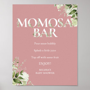 Greenery Momosa Bar Dusty Rose Pink Baby Shower Poster