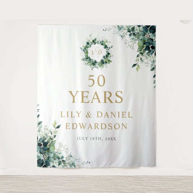 Greenery Monogram 50th Anniversary Photo Backdrop (Front)