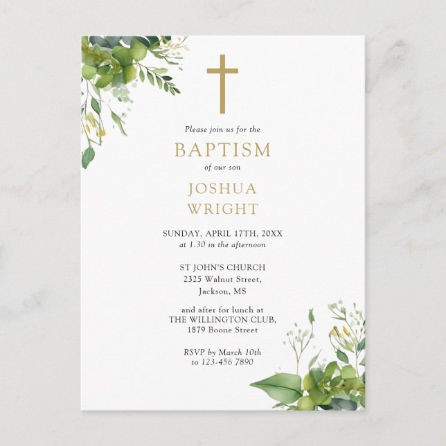 Greenery Monogram Baptism Christening Invitation Postcard (Front)