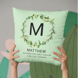 Greenery Monogram Birth Stats Newborn Baby Throw Pillow