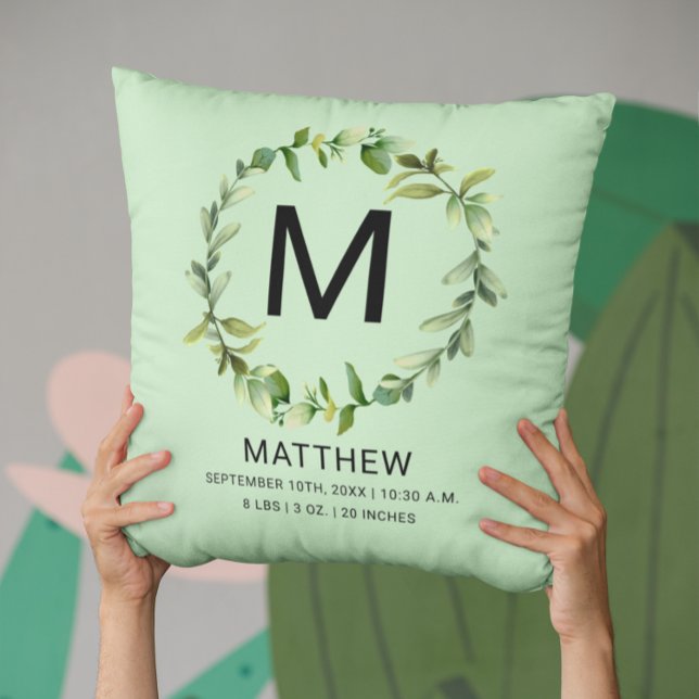 Greenery Monogram Birth Stats Newborn Baby  Throw Pillow (Creator Uploaded)