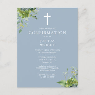 Greenery Monogram Blue Confirmation Invitation Postcard
