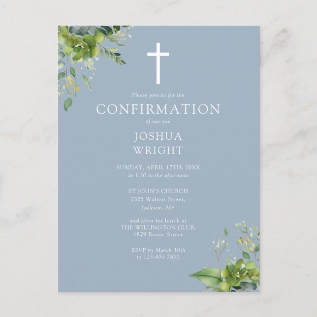 Greenery Monogram Blue Confirmation Invitation Postcard (Front)