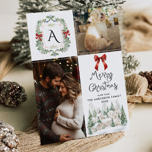 Greenery Monogram Crest Bow Merry Christmas Photo Holiday Card