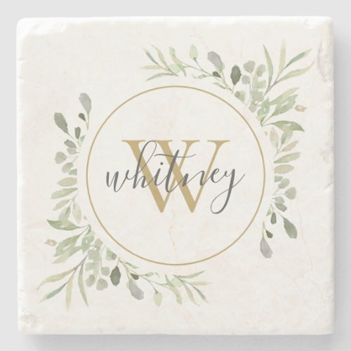 Greenery Monogram Elegant Script  Stone Coaster