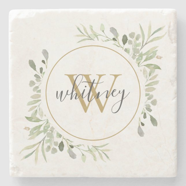 Greenery Monogram Elegant Script  Stone Coaster (Front)