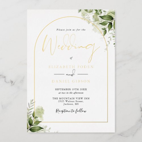 Greenery Monogram Elegant Script Wedding Gold Arch Foil Invitation