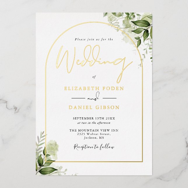 Greenery Monogram Elegant Script Wedding Gold Arch Foil Invitation (Front)