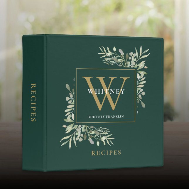 Greenery Monogram Emerald Green And Gold Recipe 3 Ring Binder (Greenery Monogram Emerald Green And Gold Recipe 3 Ring Binder)