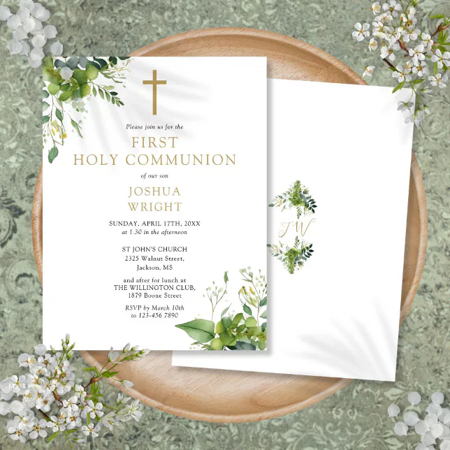 Greenery Monogram First Holy Communion Invitation Postcard | Zazzle