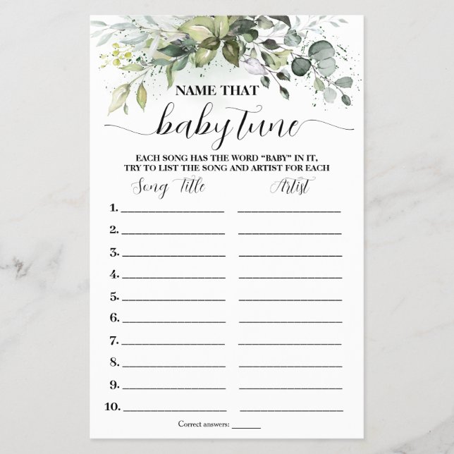 Greenery Name Baby Tune Baby Shower Game Card Flyer (Front)