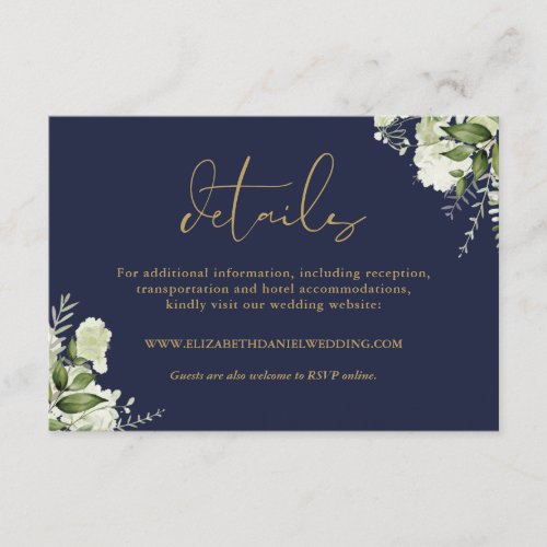 Greenery Navy Blue And Gold Wedding Details Enclosure Card