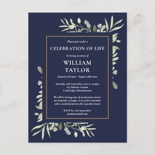 Greenery Navy Blue Celebration of Life Invitation