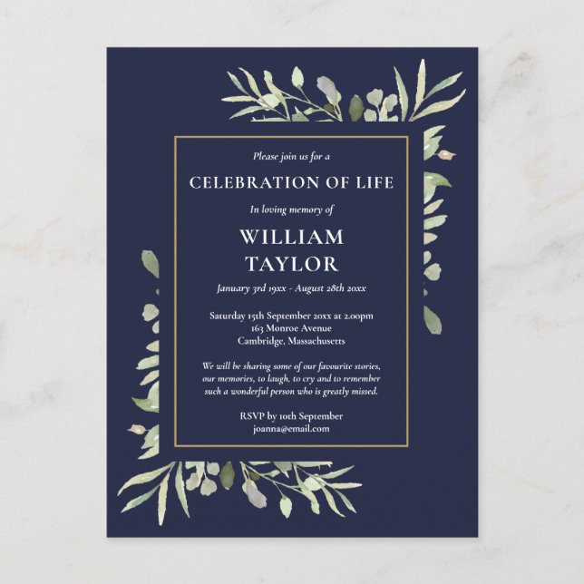 Greenery Navy Blue Celebration of Life Invitation (Front)