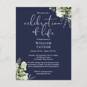 Greenery Navy Blue Celebration of Life Memorial Announcement Postcard