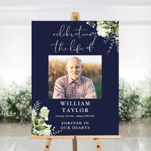 Greenery Navy Blue Celebration Of Life Photo Foam Board