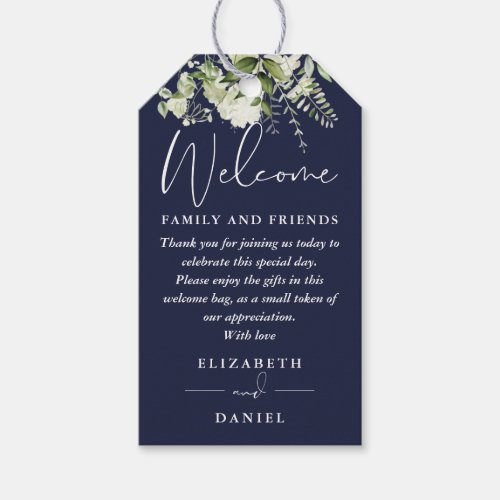 Greenery Navy Blue Favor Welcome Basket Bag Gift Tags