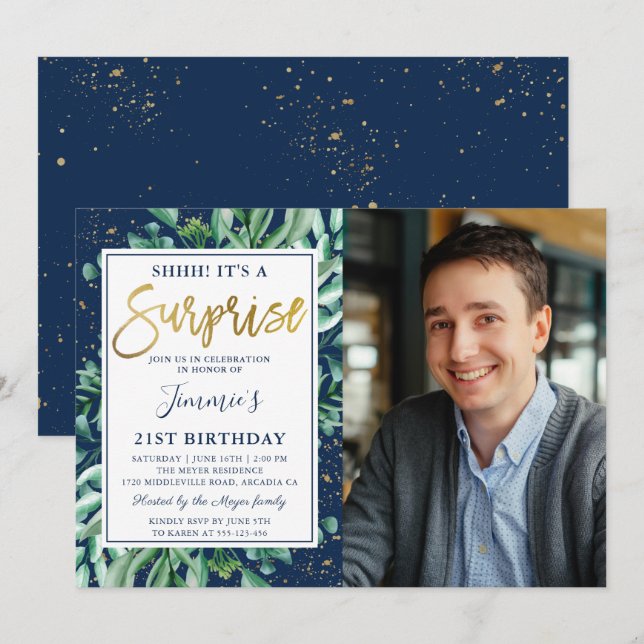 Greenery Navy Blue Gold Surprise Birthday Photo Invitation (Front/Back)