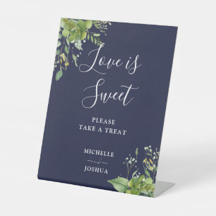 Greenery Navy Blue Love Is Sweet Favors Pedestal Sign